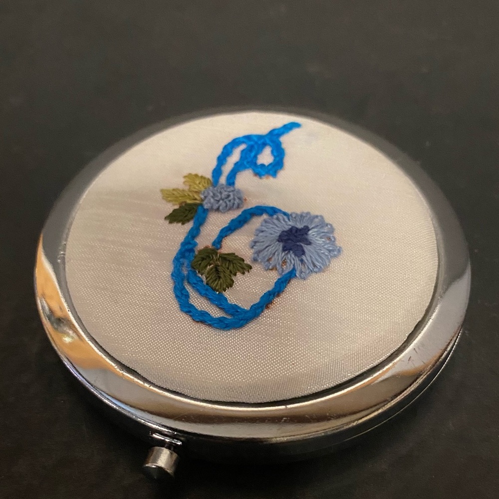 Hand Embroidered Compact Doubled Sided Mirror with Blue Floral Design. Vintage